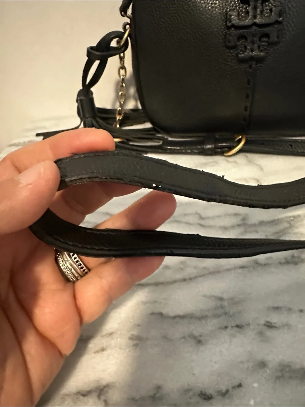 Tory Burch McGraw Black Pebbled Leather Camera Crossbody Bag Tassel